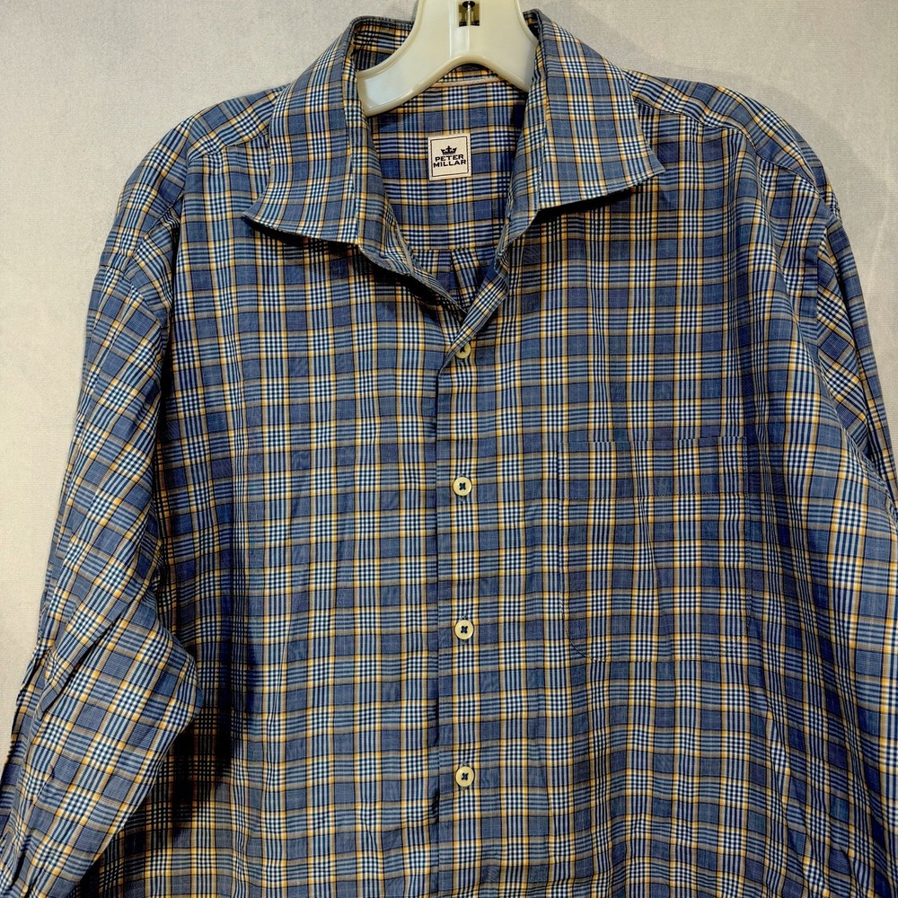 Peter Millar Sport Dress Shirt Blue Check Plaid Long Sleeve Button Up XL Preppy